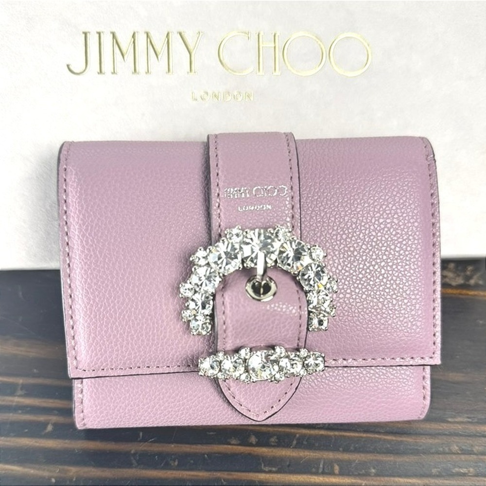Jimmy Choo Cheri Cosmos Pink Leather Wallet with‎ Crystal Buckle
